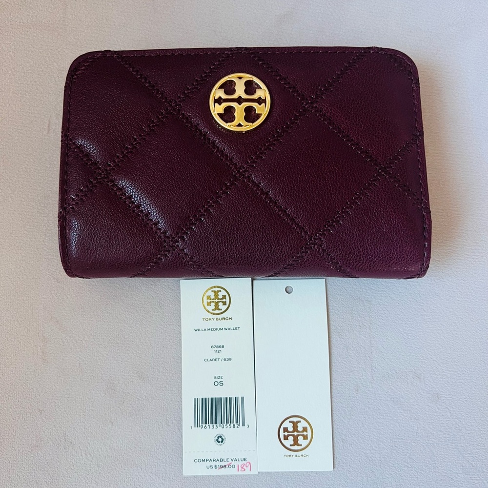 NWT Tory Burch Red Diamond Quilt Medium Bi-Fold Wallet, Retail $198